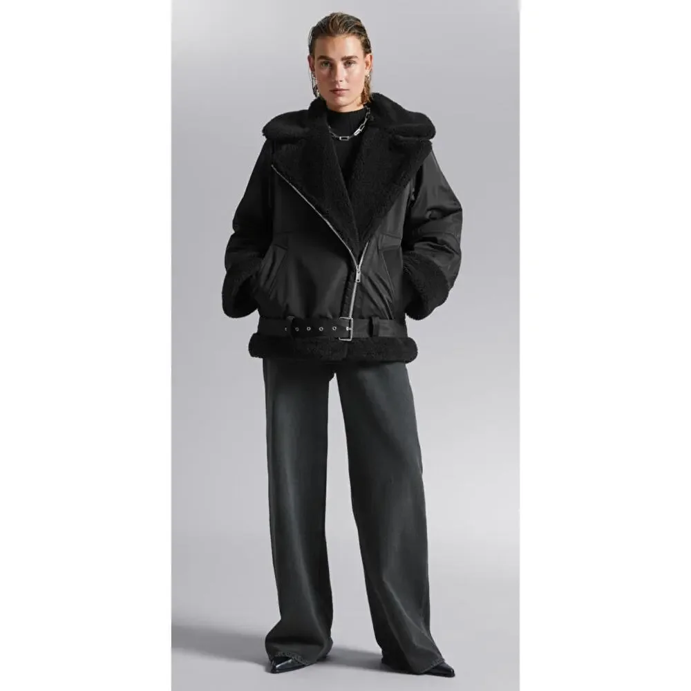 & Other Stories Stockholm Aviator Jacket Womens Large Black New Faux Shearling - Picture 2 of 16
